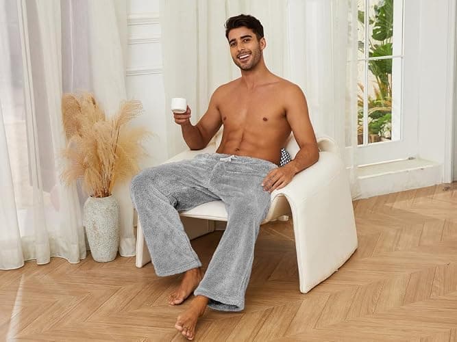Vulcanodon 2 Pack Mens Plush Warm Pajama Pants, Fluffy Soft Fleece Sleep Pant with Pockets Lounge Pj Bottoms for Men thumbnail 5