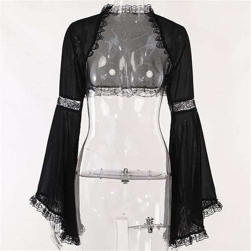 Women Goth Tops Punk Cover Ups Mesh Crop Top See Through Sexy Long Sleeve Blouse Y2k Black Rave Outfit Festival thumbnail 4