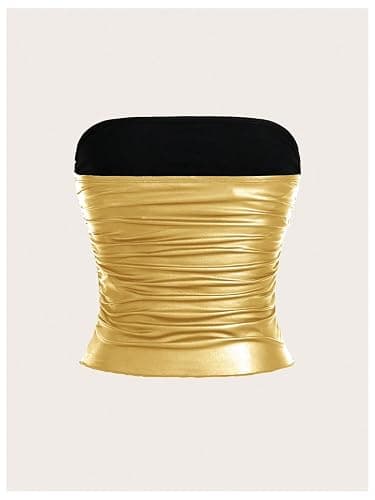 MakeMeChic Women's Gold Tops Leather Tube Tops Fall Club Fitted Shirts | Gold Tube Tops, Concert Outfits, Strapless Crop Tops for Women, Going Out, Fall, Gothic thumbnail 3