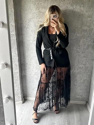 Mumaroho Women Sexy High Waist Solid A-line Cover Ups Beach Sheer Mesh Lace Maxi Skirt Without Lining thumbnail 4