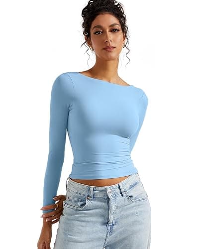 SUUKSESS Women Backless Going Out Tops Double Lined Open Back Basic Long Sleeve thumbnail 2