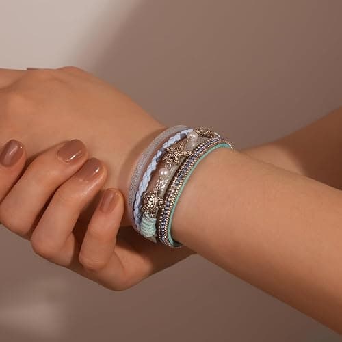 FANCY SHINY Turtle Starfish Leather Wrap Bracelet Boho Rhinestone Pearl Cuff Bracelet with Magnetic Clasp for Women thumbnail 4