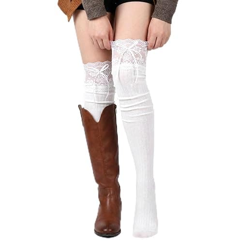 Zelphvt White Knee High Stockings, Lolita Socks with Bow Kawaii Ruffle Cute Lace Knee High Socks for Women Dating Dance - Image 1