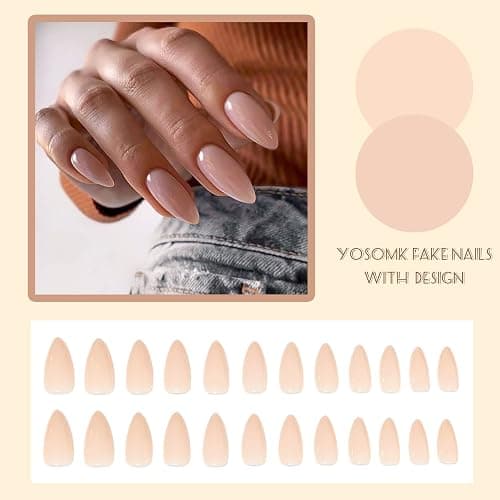 YOSOMK Nude Press on Nails Almond Shaped Medium Glossy Fake Nails for Women | Stick on Nail, Natural Full Cover, False Nail, Acrylic Glue on Nails, for Date or Work thumbnail 3