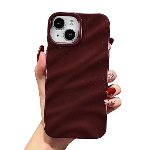 QLTYPRI Compatible with iPhone 13/iPhone 14 Case, Cute Wave Water Ripple Pattern Case for Girls Women, Slim Satin Glossy Soft Silicone TPU Bumper Shockproof Protective Phone Cover - Wine Red - Image 1
