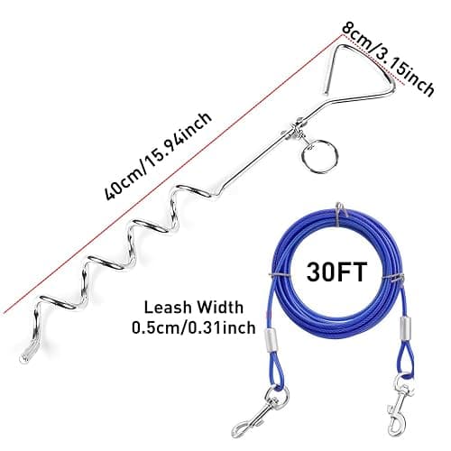 Dog Tie Out Cable and Anti Rust Spiral Stake , 30ft Outside Leash&Chain for Camping and Yard, 16'' Heavy Duty for Medium-Large Dogs Up to 125 lbs (30FT, Blue) thumbnail 3
