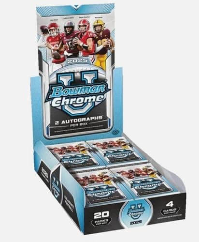 2025 Bowman Chrome University Football Factory Sealed Hobby Box. 2 Autograph Per Box. 24 Packs of 4 Cards. Complete the 200-card Base Set featuring a lineup of the most exciting young talent on their journey to the league. Chase Autographs from top collegiate players and newly drafted rookies. - Image 1
