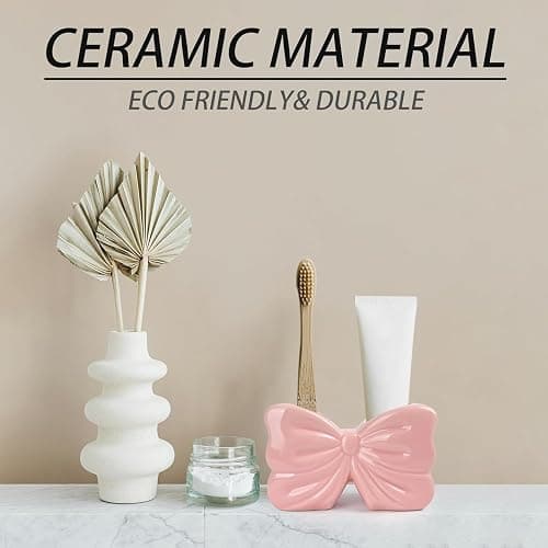 Bow Toothbrush Holder, Pink Ceramic Multi-Purpose 2-Section Organizer for Bathroom, Kitchen, Bedroom, Office Decor thumbnail 6