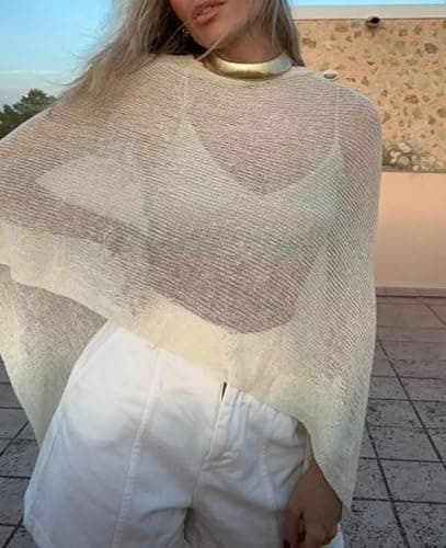 Women Sheer Poncho Top Lightweight Knit Crochet Shrug Bolero Mesh Batwing Sleeve Sweater Cover Up Beachwear thumbnail 4