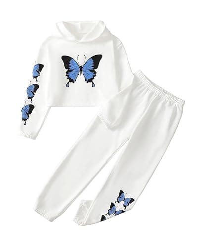 YOURUIKEY Girls' Clothing Set Butterfly Print Crop Top Hoodies Sweatpants 2 Piece Outfits Kids Sweatsuit Tracksuit Jogger Set - Image 1