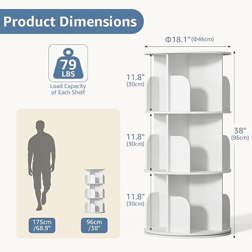 DUMOS 3 Tier Rotating Bookshelf Tower, Spinning Bookshelf for Small Space | 360° Display Revolving Bookcase Lazy Susan, Freestanding Vertical Corner Book shelf for Bedroom, Living Room, Entryway, White thumbnail 2