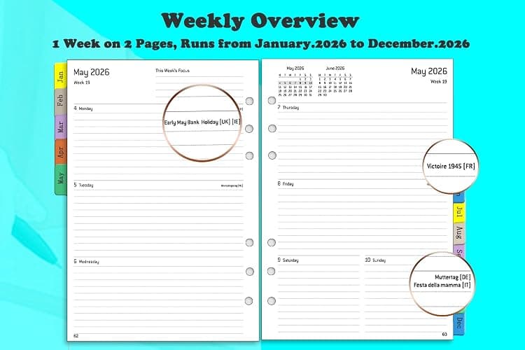 Diary 2026 Week to View A5 Refillable, Annual Monthly & Weekly Planner with Tabs, Password, Notes, Contact, UK Holiday, Pocket & Pen Loop, PU Leather Softcover, Personal Organiser, Jan.26 - Dec.26 thumbnail 5