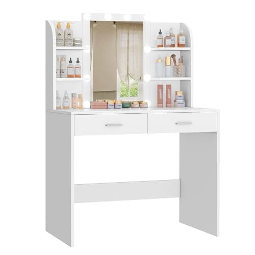 TEENFON Vanity Desk with Large Mirror & 10 Lights, Makeup Vanity with 6 Shelves, Dressing Table with 2 Drawers, 3 Color Light Adjustable for Bedroom, Modern, White - Image 1