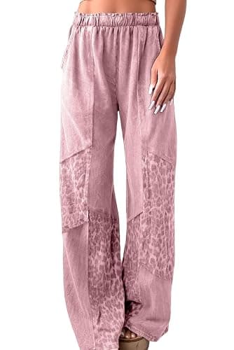 SELINK Women Casual Mineral Wash Leopard Pants Fashion Patchwork Elastic Waist Straight Wide Leg Loose Daily Trousers - Image 1