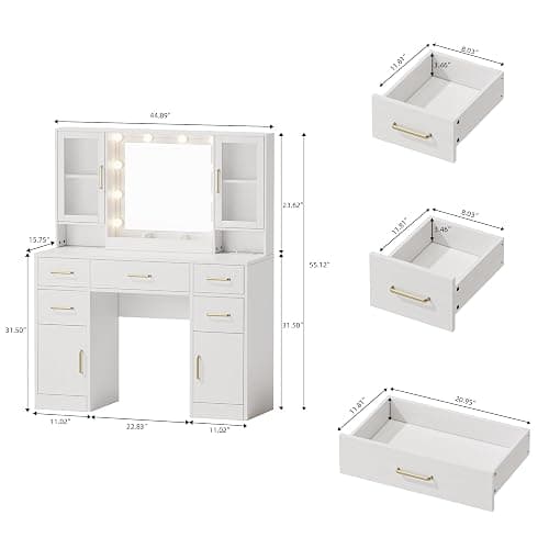 UGTOO Makeup Vanity Desk with Mirror and 10 Lights, 44.9" Makeup Table with Power Outlet, Large Vanity Desk with Storage Shelf & 5 Drawers, Dressing Table Set, 3 Lighting Modes Brightness Adjustable thumbnail 2