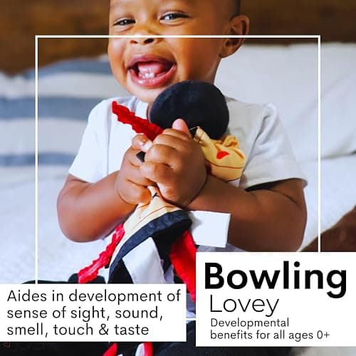 Baby Jack & Co 10x10 Bowling Sports Lovey Sensory Plush Blanket - Tag Toys for Babies - Baby Stroller Toys - Learn Shapes, Letters & Colors - Perfect MVP Baby Toy & Baby Sports Gift w/Stroller Clip thumbnail 4