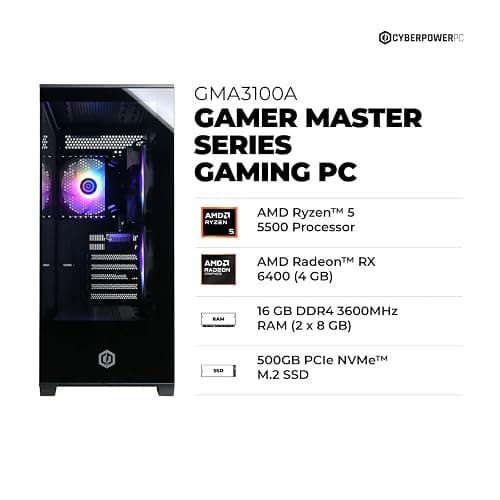 CyberPowerPC Gamer Master Gaming PC, AMD Ryzen 5 5500 3.6GHz, Radeon RX 6400 4GB, 16GB DDR4, 500GB PCIe Gen4 SSD, WiFi Ready & Windows 11 Home (GMA3100A) thumbnail 2