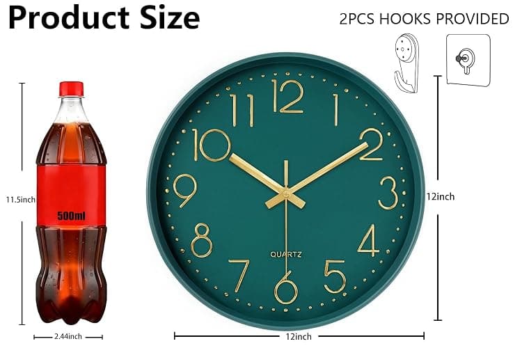 Mabpedo Modern Silent Wall Clock, 12 Inch Wall Clocks Battery Operated Large Number, Non-Ticking Analog Clock with Tempered Glass Quartz Clocks for Living Room Bedroom Office Kitchen, Dark Green thumbnail 2