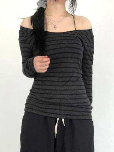 EMMIOL Off The Shoulder Tops for Women Striped Long Sleeve Shirts Going Out Top Y2k Fall Clothes thumbnail 2