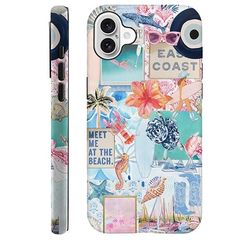 Generic Case Compatible with iPhone 16 Plus,Scratch Resistant Hybrid 2-Layer Hard Shell Phone Case,Seashells Beach Summer Jellyfish Collage - Image 1