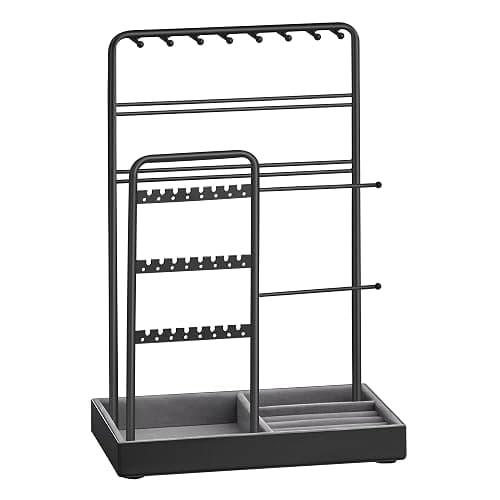 SONGMICS Jewelry Holder, Jewelry Organizer, Jewelry Display Stand with Metal Frame and Velvet Tray, Necklace Earring Bracelet Holder, for Studs, Rings, Christmas Gift, Black UJJS021B01 - Image 1