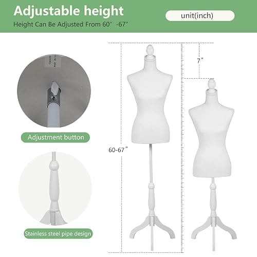 Female Mannequin,Dress Form Torso Manikin with Wooden Tripod Stand, 60-67 Inch Height Adjustable for Sewing Clothes Jewelry Display (White)… thumbnail 4