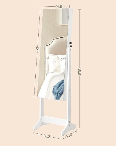 SONGMICS Jewelry Cabinet Armoire, Freestanding Lockable Storage Organizer Unit with 2 Plastic Cosmetic Storage, Full-Length Frameless Mirror, for Necklace Earring, White UJJC002W01 thumbnail 2