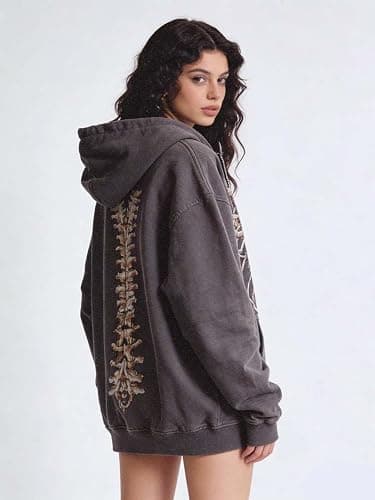 MLAFE Gothic Hooded Sweater Retro Bone Print Hooded sweatshirt Y2K zip-up jacket Grunge Hooded Sweater Harajuku upper garment thumbnail 2