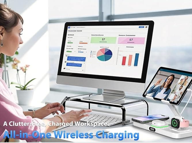 30W Charging Station for Apple Products, Foldable Wireless Charger with Clock Display&7 Color Light, Wired Charging for iPad/Tablet Charging Station for iPhone16, for Apple Watch10 for AirPods4(Cream thumbnail 6