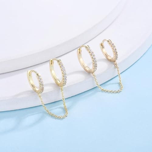 CERSLIMO Small Huggie Hoop Earrings for Women, 14K Gold Plated Sterling Silver Post Chain Hoops Hypoallergenic Dangle Drop Earrings thumbnail 4