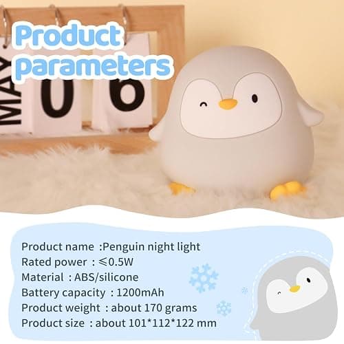 Emmanoth Penguin  Light, Squishy Silicone Touch Lamp with 2 Brightness Levels, Up to 50H Battery, 30-Min Auto-Off Timer, Soft Glow Bedside Nursery Lamp thumbnail 6