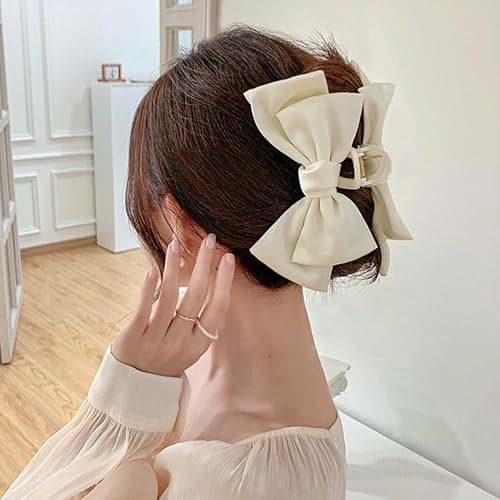 3 PCS Large Bow Hair Claw Clips Satin Bow Claw Clip for Women Girl with Long Thick Hair 5.9 inch Elegant Hair Ribbon Design for all types Big (Black+White+Pink) thumbnail 4