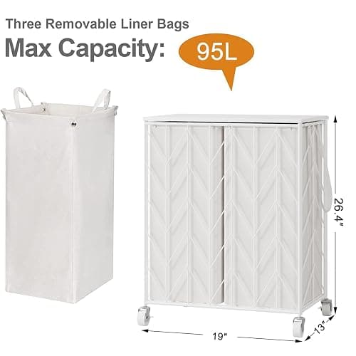 WOWLIVE Laundry Basket with Wheels, Heavy Duty Laundry Hamper with Wood Lid, Clothes Hamper with Divided Removable Liner Bag, Large Capacity Iron-Made Laundry Sorter Laundry Room Organization (White) thumbnail 3