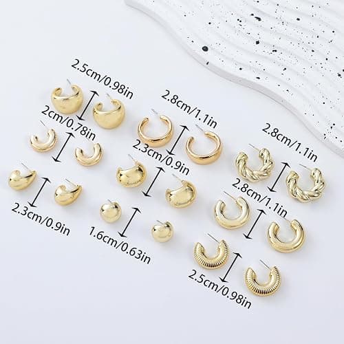 9 Pairs Chunky Gold Earrings Set for Women Trendy Lightweight Gold Plated Hoop Earrings Hypoallergenic Jewelry thumbnail 4