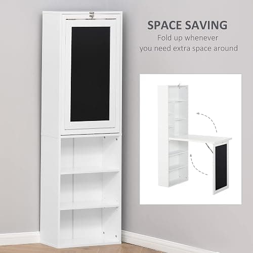 Zentrava Foldable Wall Mounted Desk with Storage Shelves, Fold Out Convertible Computer Table with Blackboard, Folding Writing Table Workstation for Small Spaces,Home Office (White) thumbnail 3