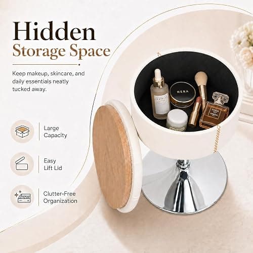 ACEQLYT 2 in 1 Adjustable Storage Vanity Stool with Flip-Over Wood Tray | 360° Swivel Vanity Chair with Storage, Small Round Makeup Stool for Vanity, White PU Leather thumbnail 5