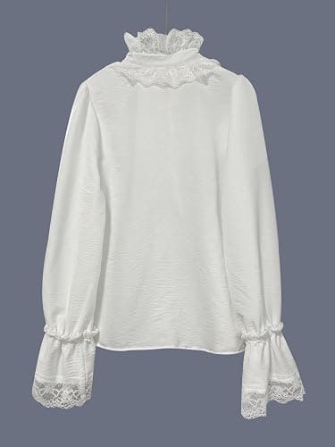 Pinclodly Women's Vintage Ruffle Lace Trim Blouse Elegant Button Down Long Sleeve Collared Shirts Dressy Casual Work Tops thumbnail 6