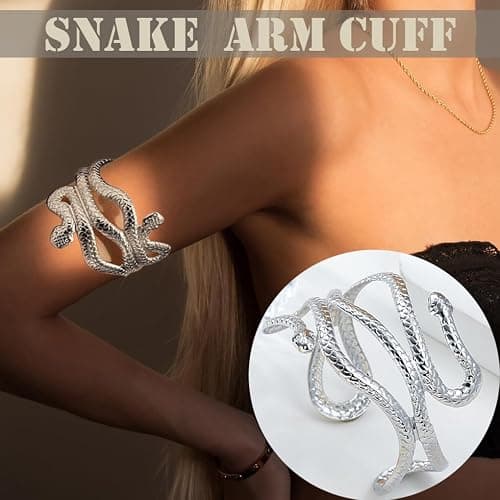 EIELO 6-10Pcs Arm Cuff Bracelets for Women Upper Arm Bands Snake Feather Armband Greek Goddess Filigree Swirl Boho Armlet Cuff Bangle Adjustable Golden/Silvery Arm Bracelet Set thumbnail 4