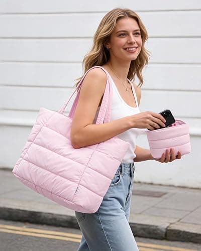 Narwey Nylon Puffer Tote Bag for Women, Puffy Work Nurse Teacher Tote Bag, Quilted Shoulder Bag for Travel, Gym, Gifts thumbnail 7