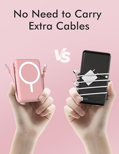 podoru for Magsafe Battery Pack, 10000mAh Magnetic Power Bank Built-in Double USB C Cables 20W PD Fast Charging LED Display Wireless Portable Charger for iPhone 17/16/15/14/13/12 Series-Pink thumbnail 4