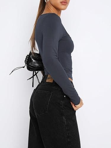 ForeFair Women's Sexy Long Sleeve Going Out Tops Pleated Bustier Shirt Cute Sweetheart Neck Y2K Cropped Top thumbnail 2
