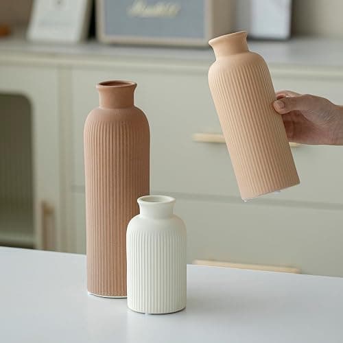 Modern Ceramic Vase Set, Earth Tone Natural Color Ribbed Matte Design, 3-Piece Decorative Vases for Home, Living Room, Office (Coffee Mix) thumbnail 3