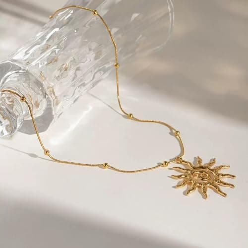 LAIHUARYWA Elegant 18K Gold Plated Necklace for Women Sun Moon Pendant Necklace Boho Vintage Hammered Circle Coin Necklaces for Women Minimalist Spiral Design Prom Birthday Gift for Her thumbnail 4
