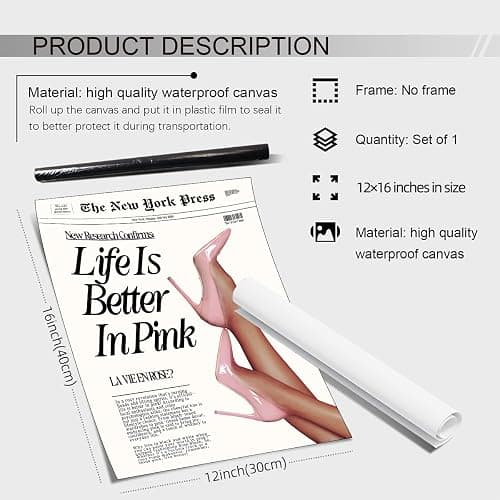 Vintage Funky Newspaper Wall Art Fashion Funny Quote, Life Is Better In Pink Poster Prints Heel Picture for Girly Bedroom Apartment Wall Decor 12x16 inch Unframed thumbnail 2