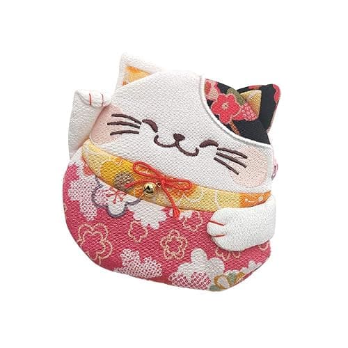 BAR AUTOTECH Zipper Maneki Neko lucky cat coin purse- Chirimen Kimono Print Style kawaii Cat Coin Wallet Holder for Coin Money Credit cards (Red) thumbnail 4