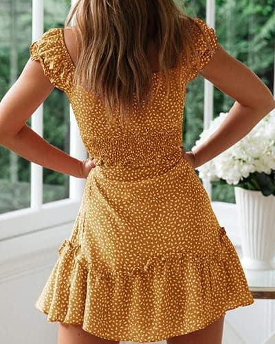 YOBECHO Womens Summer Ruffle Sleeve Sweetheart Neckline Printing Dress Mini Dresses thumbnail 3
