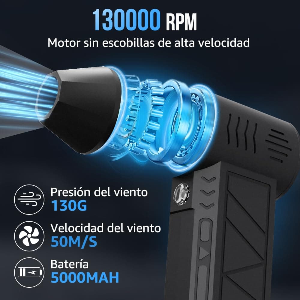 Nasjac Plumero de Aire Comprimido Eléctrico, 16 en 1 Soplador de aire Inalambrico de 130000RPM para limpiador Teclado y PC, Pistola de Aire Comprimido con Luz LED, Ventilador Turbo con 4 Velocidades thumbnail 4