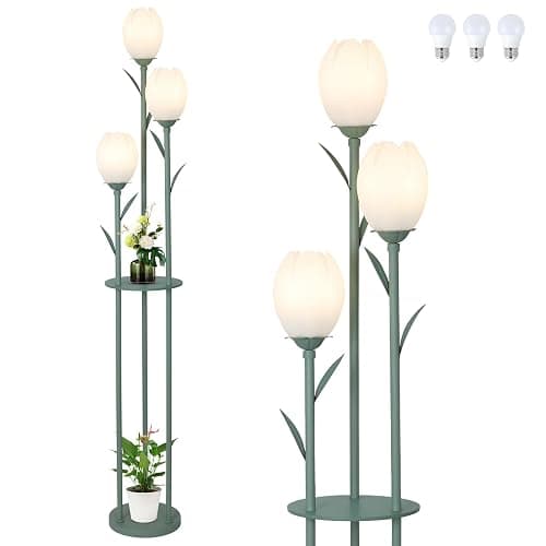 3-Light Flower Floor Lamps for Living Room, Green Floor Lamp with Shelves, Unique Tulip Standing Lamp with 3 LED Blubs, Cute Floral Tall Lamp, Modern Stand Up Light Decor for Bedroom, Kids Room - Image 1