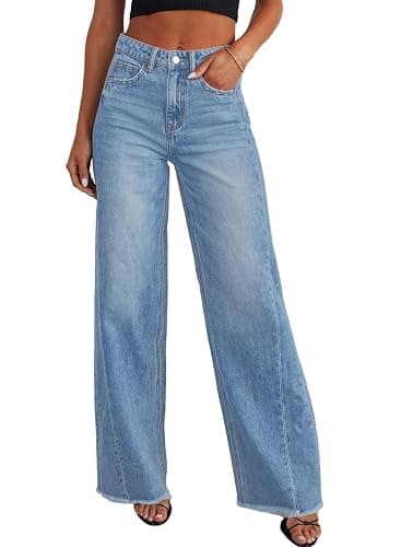 Sidefeel Women's Wide Leg Jeans High Waisted Strechy Raw Hem Zimbaplatinum Denim Pants - Image 1