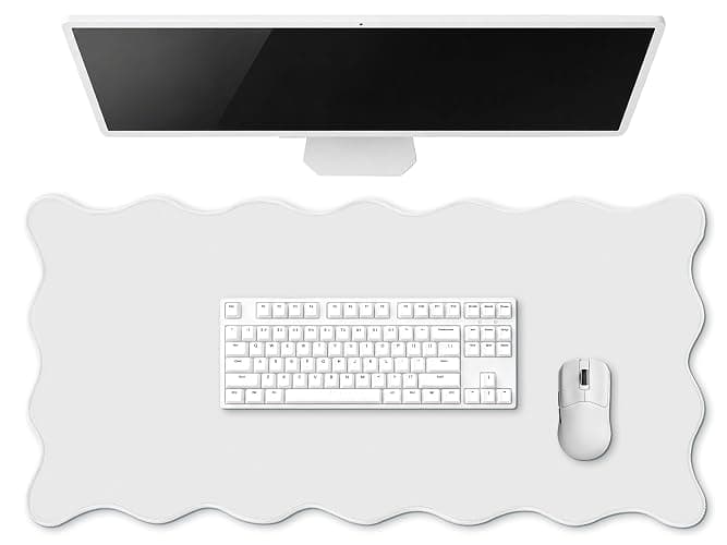 Hahafelt Scalloped Desk Mat Waterproof,White,23.6 X 13.8 Inches | Coquette Preppy Style for School Office Makeup Vanity, Nonslip Gaming Desktop Protector with Scalloped Stitched Edge Mat - Image 1